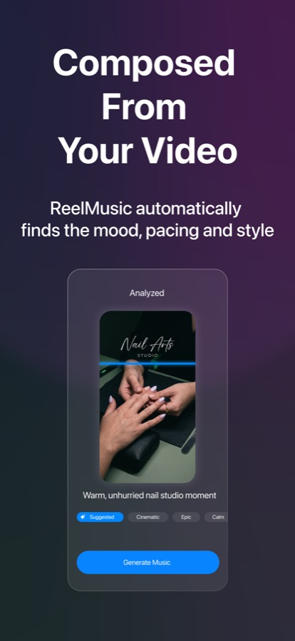 ReelMusic App Store screenshot: the app describes the video it analysed