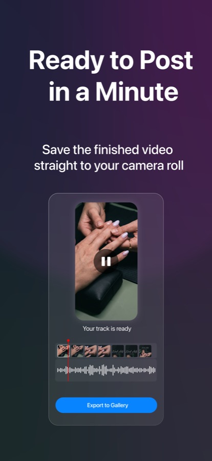 ReelMusic App Store screenshot: the finished video exports to the camera roll
